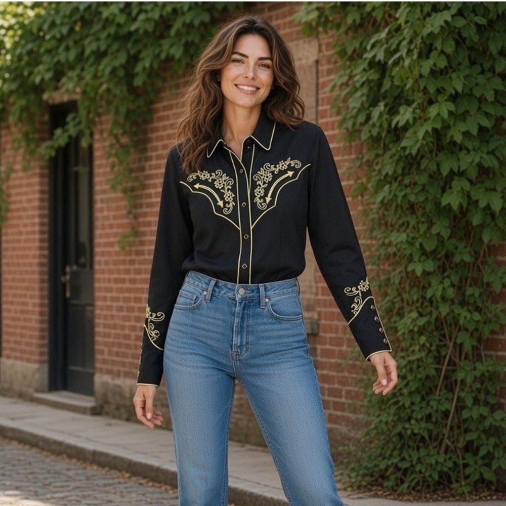 Panhandle Slim Western Shirt Womens S Black Floral Embroidery Snaps Rockabilly